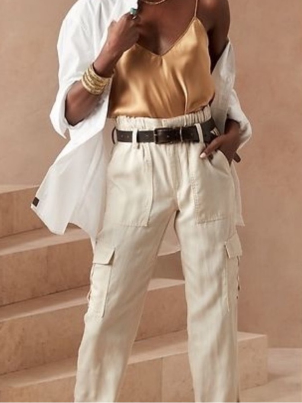 BANANA REPUBLIC LINEN BLEND PAPERBAG CARGO TAPERED LEG PANT TIE BELT CUFF HEM 8